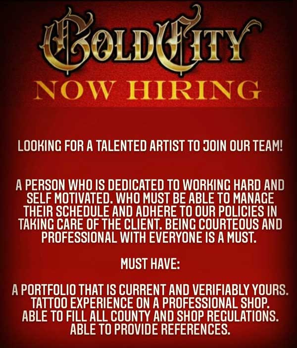Tempest Tattoo Studio  We are looking for a new tattoo artist to join our  team We offer reasonable hours and competitive rates We are hiring  licensed tattoo artist only We are